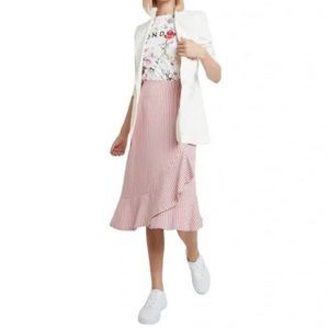 TED BAKER Coryn High Waist Ruffled Striped Pencil Midi Skirt size 1. USsize 0-2